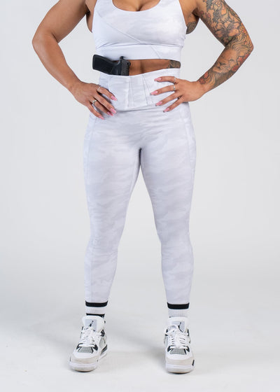 Concealed Carry Leggings With Pockets Shoulders Down Front View with Hands on Sides | Snow Camo