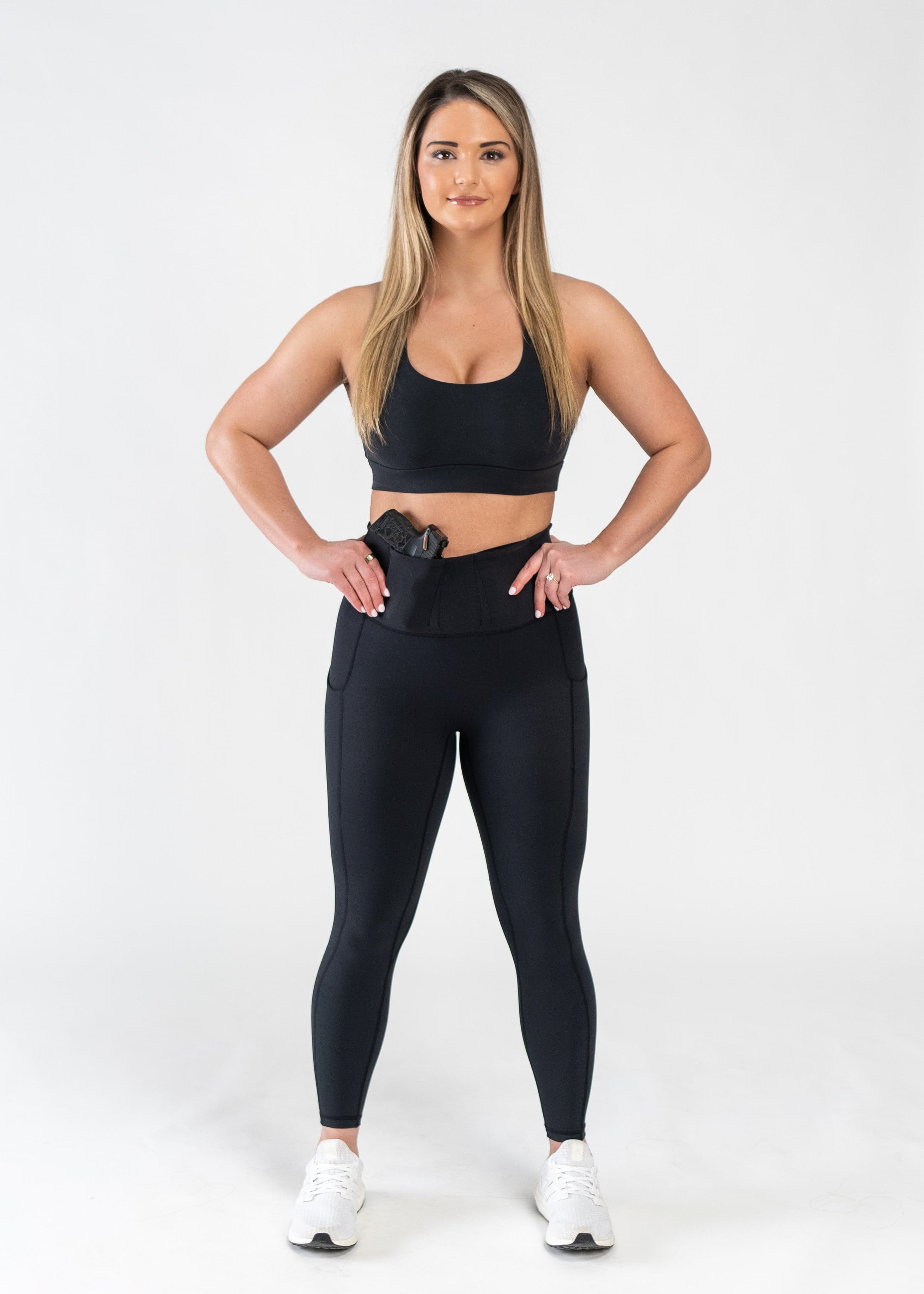 Concealed Carry Leggings With Pockets Full Body View with Hands on Hips | Black