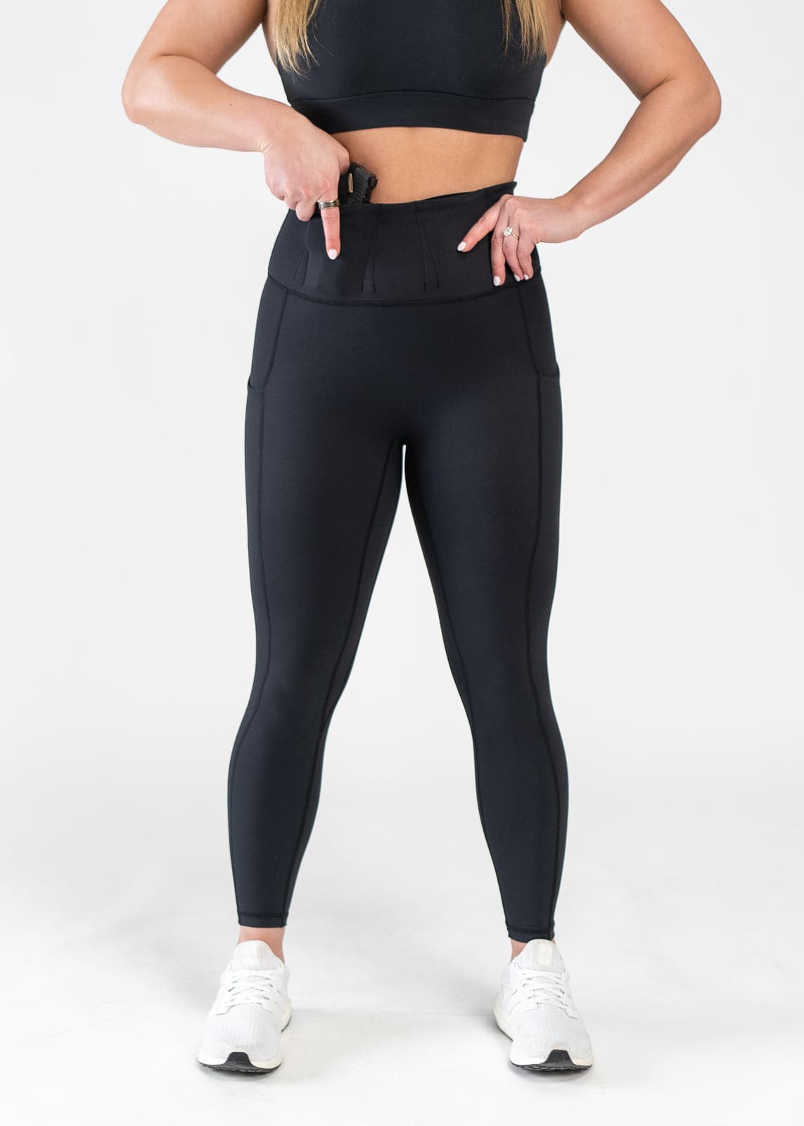 Concealed Carry Leggings With Pockets - Shoulders Down Front Back View Reaching for Concealed Carry | Black