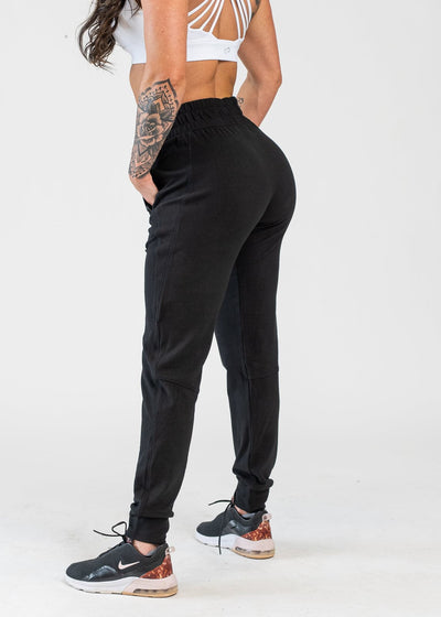 Black Boyfriend Joggers with Side 3/4 View Hands on Hips