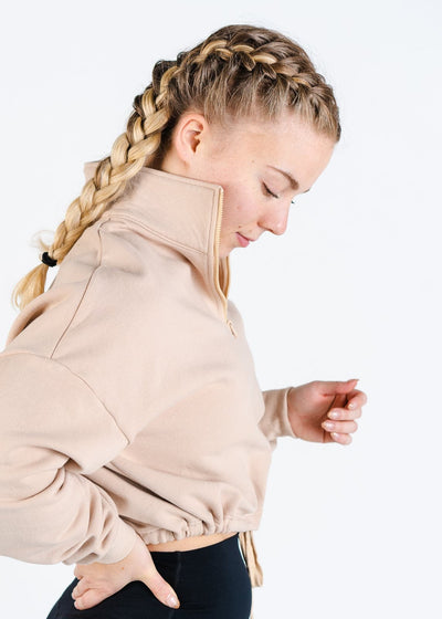 Women's 1/4 Zip Crop Tan Sweater Side View