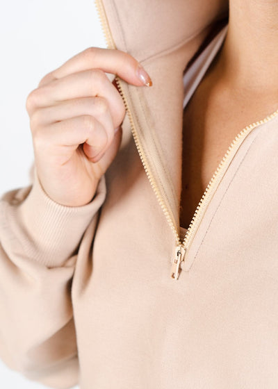 Women's 1/4 Zip Crop Tan Sweater Close Up on 1/4 Zip