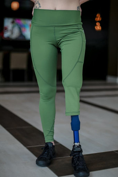 Front view of left leg below the knee amputee leggings with pockets-Military Green.