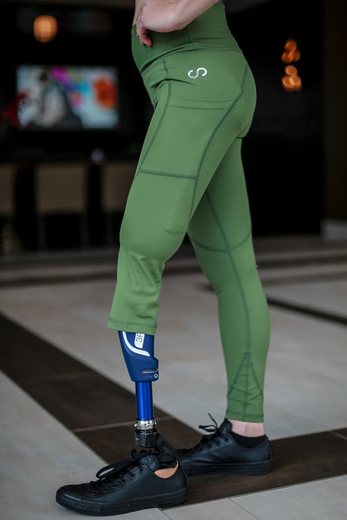 Right side view of right leg below the knee amputee leggings with pockets-Military Green.