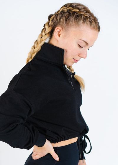 Women's 1/4 Zip Crop Black Sweater Side View