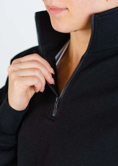 Women's 1/4 Zip Crop Black Sweater Close Up on 1/4 Zip