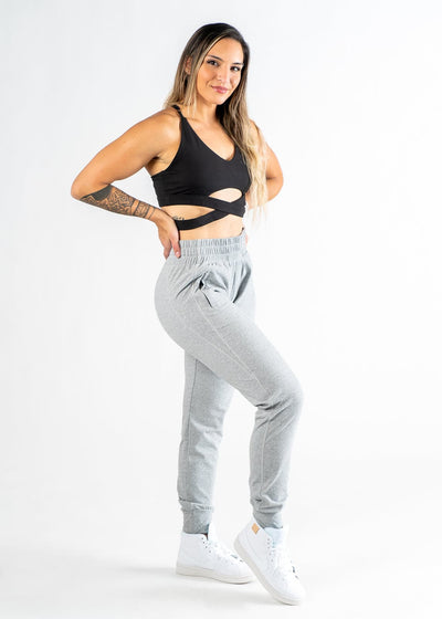 Boyfriend Joggers in Heather Grey Side 3/4 View With Hands on Hips