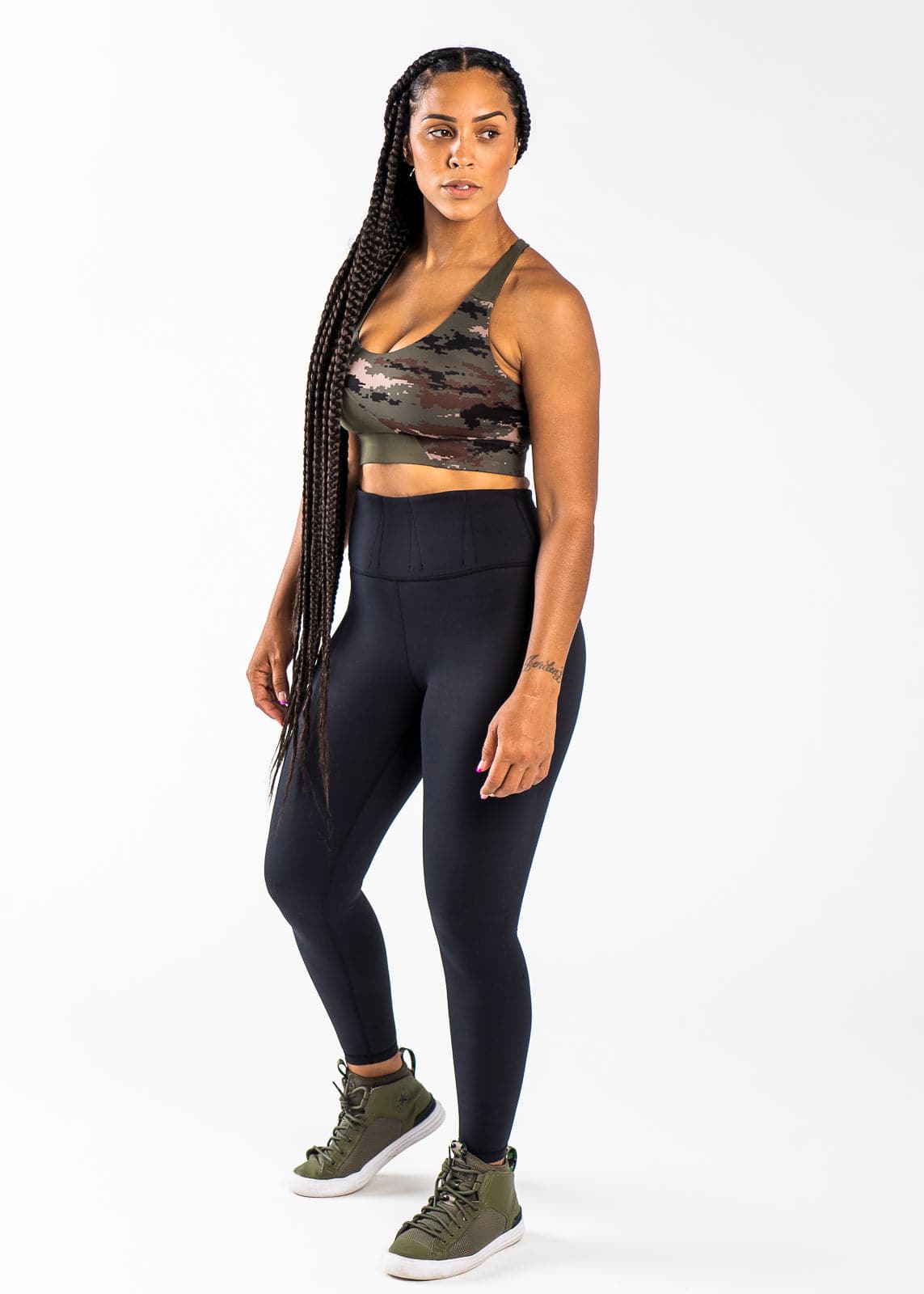Full Body 3/4 Front View with Hands at Side - Concealed Carry Leggings Without Pockets | Black