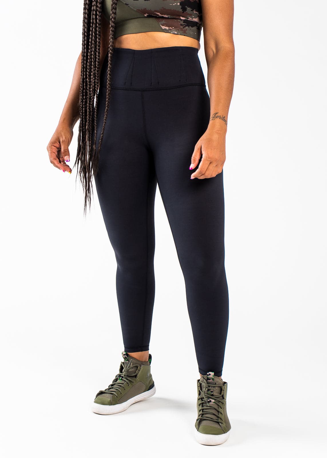 Shoulders Down Front View with Hands at Side - Concealed Carry Leggings Without Pockets | Black