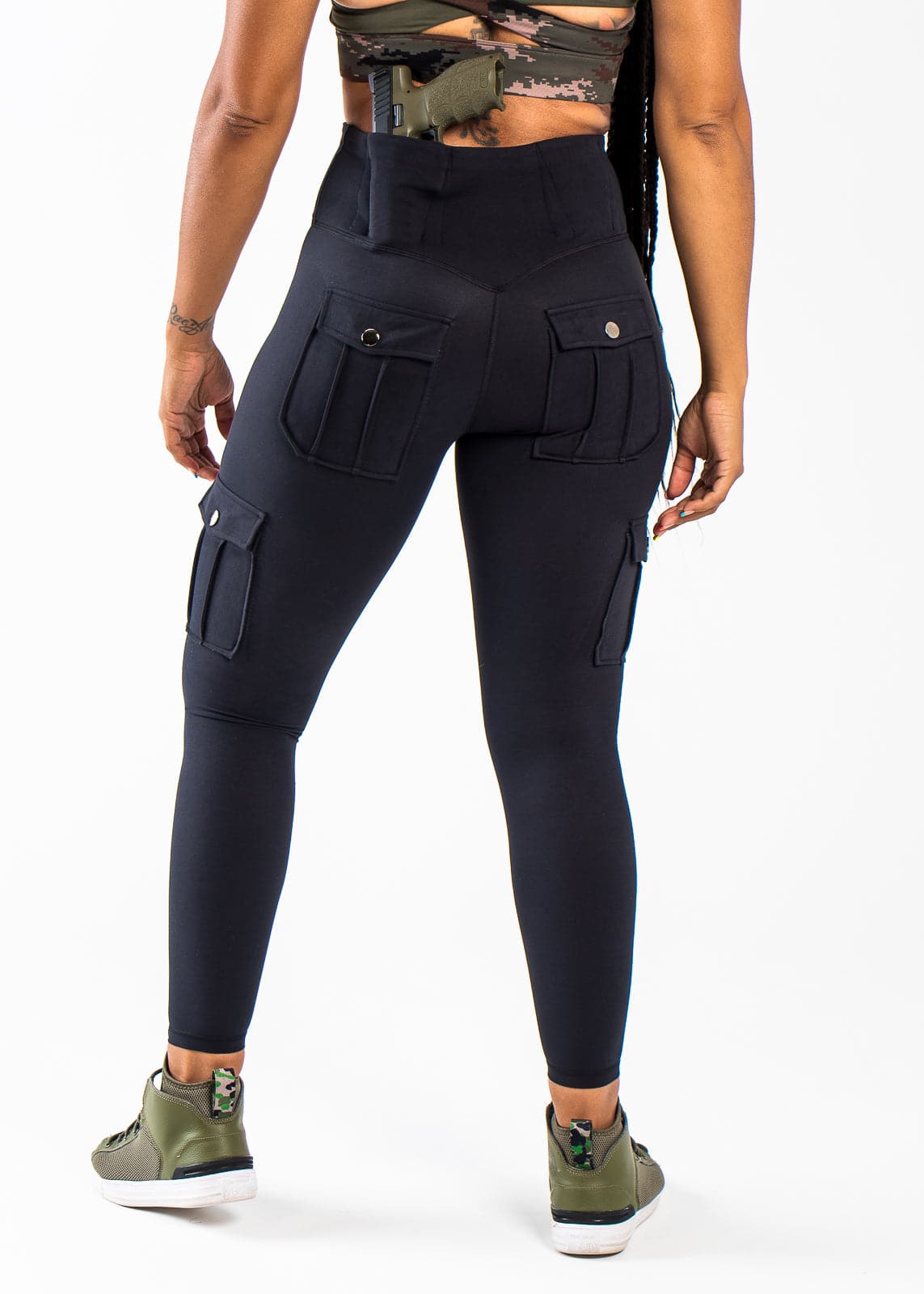 Concealed Carry Leggings With Tactical Pockets Shoulders Down 3/4 Back View Hands at Side | Black