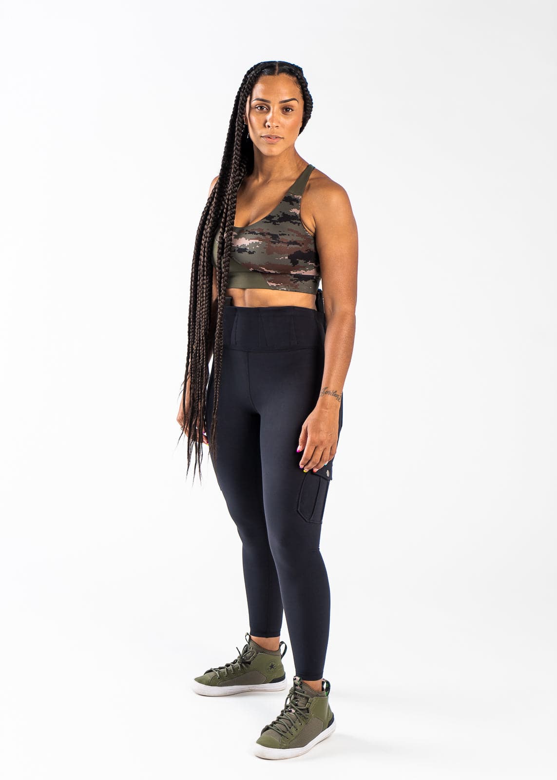 Full Body 3/4 Front View with Hands at Side - Concealed Carry Leggings With Tactical Pockets | Black