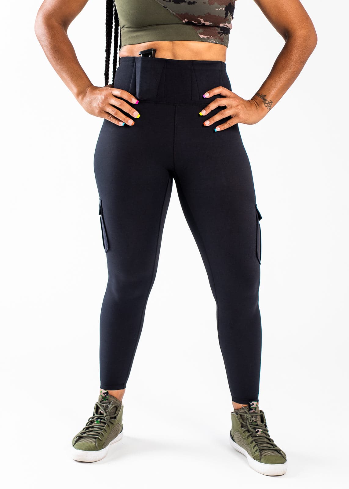 Concealed Carry Leggings With Tactical Pockets Shoulders Down Front View with Hands on Sides | Black