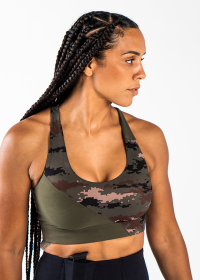 Waist Up Front View Wearing Empowered Double Brushed Bra | Green Camo