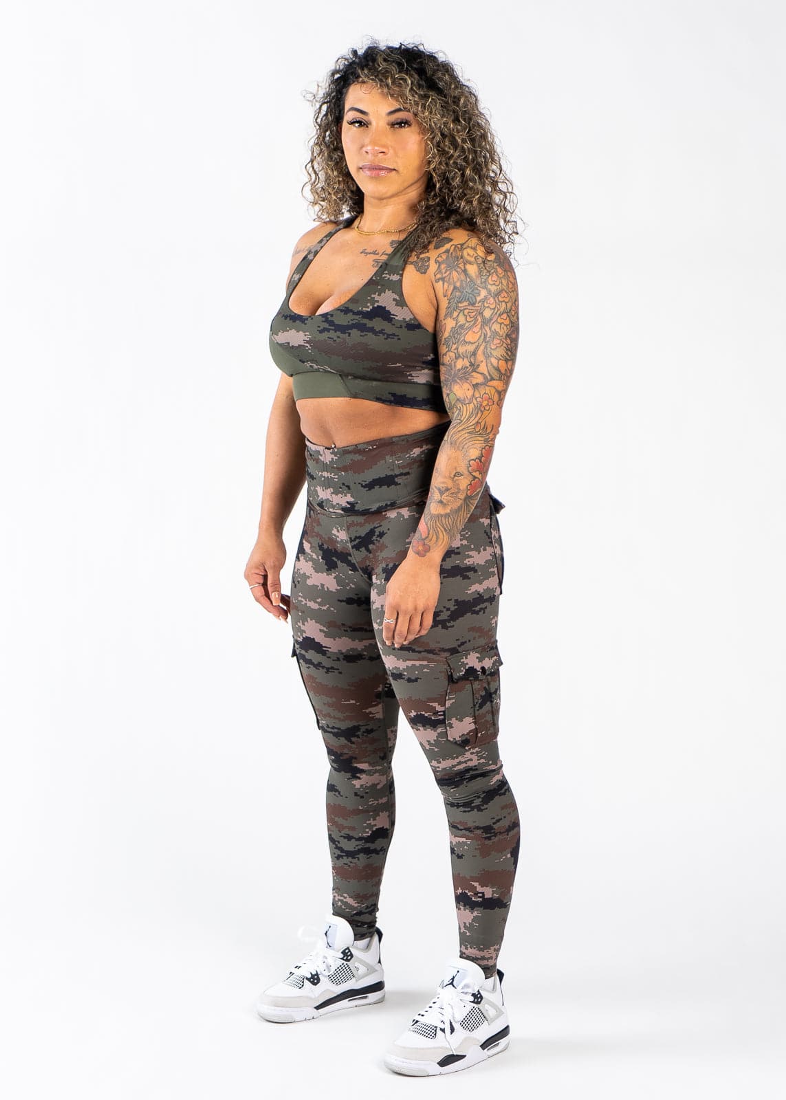 Full Body 3/4 Front View with Hands at Side - Concealed Carry Leggings | Green Camo