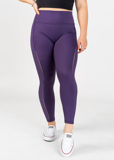 Chest Down Front View Wearing Empowered Leggings With Cut Outs | Purple