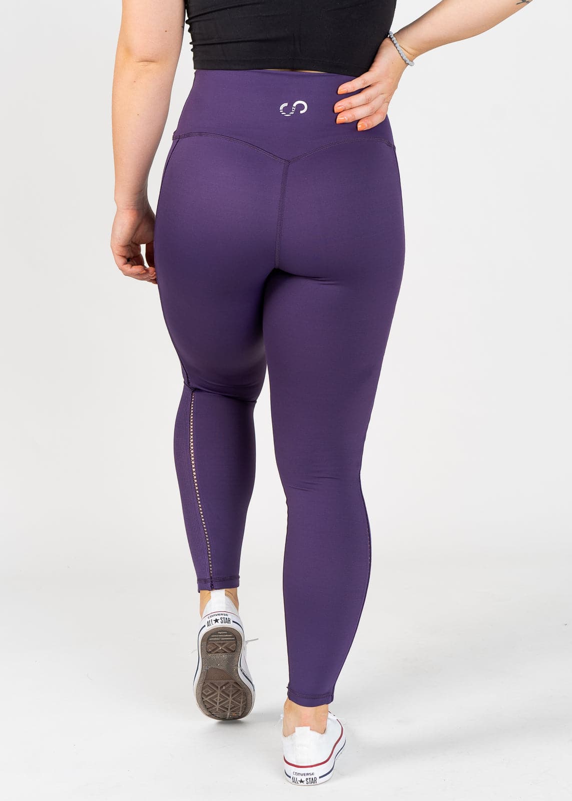 Chest Down Back View Wearing Empowered Leggings With Cut Outs | Purple