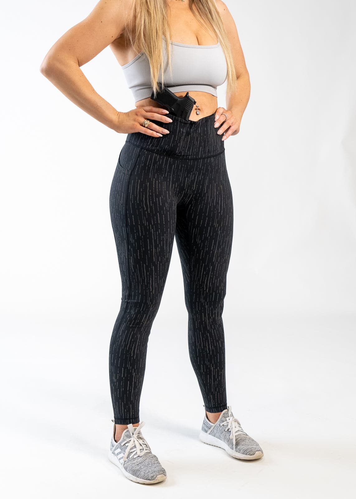 Concealed Carry Leggings With Pockets Shoulders Down 3/4 Front View Hands on Hips | Holographic Rain