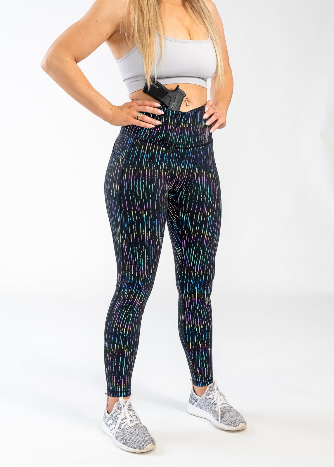 Concealed Carry Leggings With Pockets Shoulders Down 3/4 Front View Hands on Hips | Holographic Rain