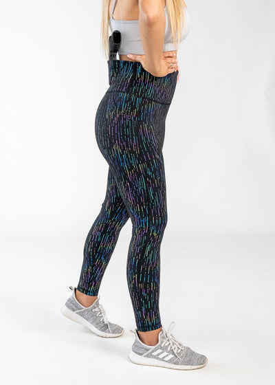Chest Down Side View -Concealed Carry Leggings With Pockets | Holographic Rain