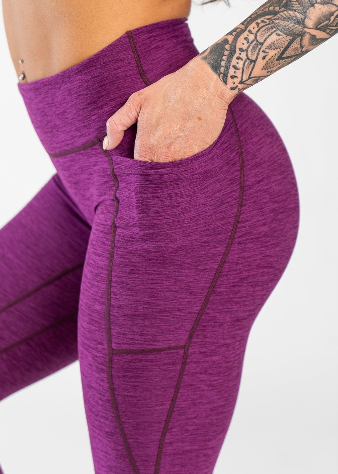 Close Up Side View Hand in Pocket Wearing Dream Leggings With Pockets | Raspberry